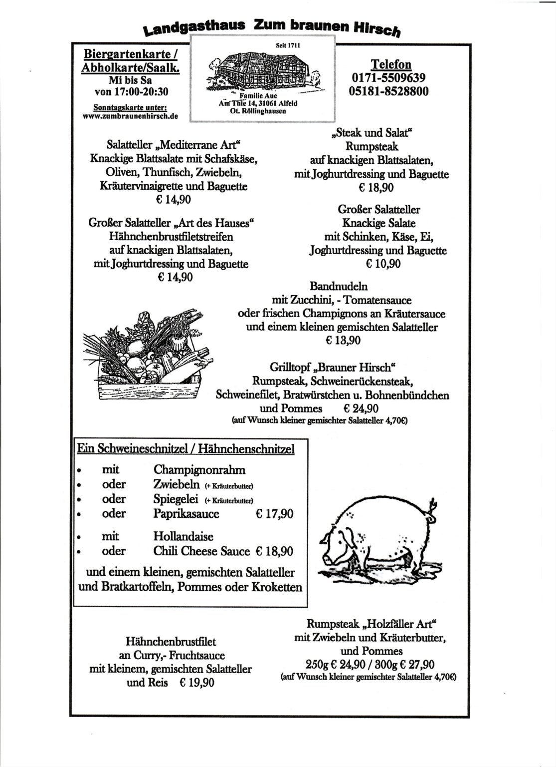 Biergartenkarte, Abholkarte und Saalkarte Seite 1: Salate, Steak und Salat, Bandnudeln, Grilltopf, Schnitzel, Hähnchenbrustfilet und Rumpsteak
