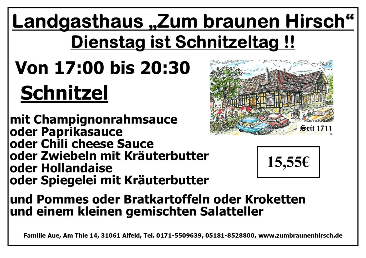 Flyer: Dienstag ist Schnitzeltag – Schnitzel mit Sauce nach Wahl, Beilage und Salatteller für 15,55 Euro