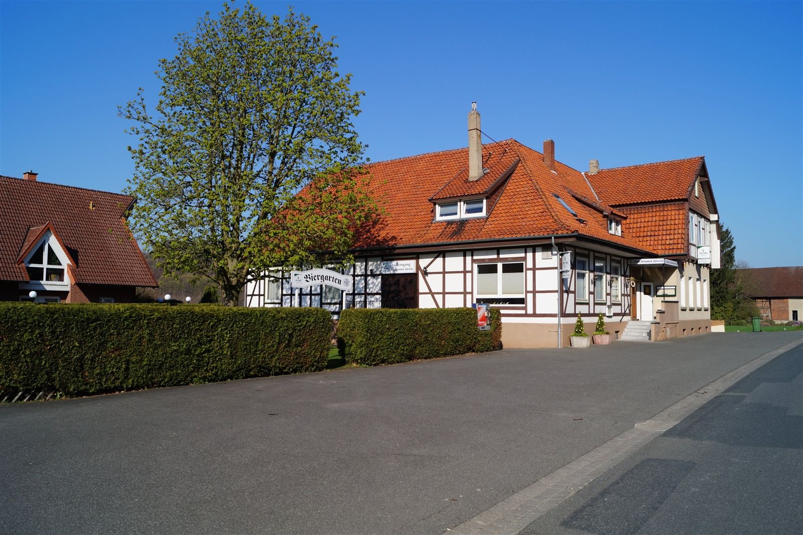 Fachwerk-Landgasthaus Zum braunen Hirsch in Alfeld mit Baum vor dem Haus